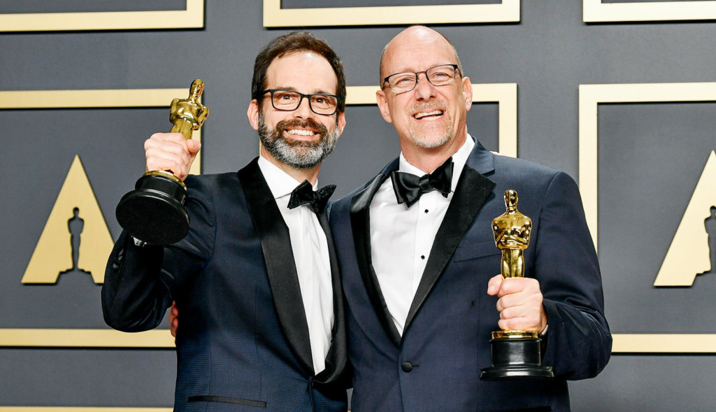 Editors Andrew Buckland and Michael McCusker’s with their 2020 Oscar trophies for Ford v Ferrari
