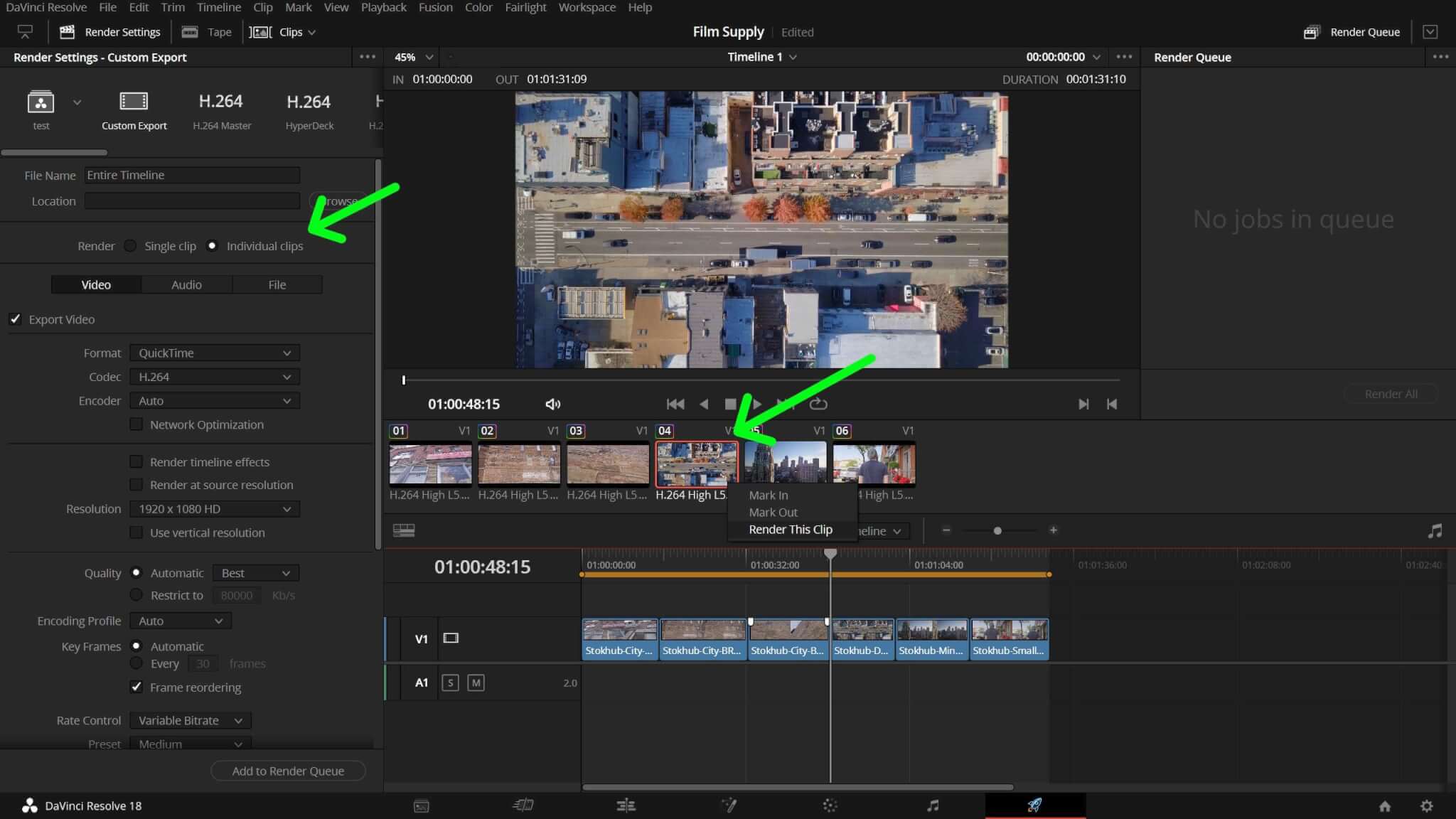 How to export single clips in Davinci Resolve